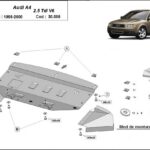 Installation diagram for steel underbody protection for Audi A4 B5 1997–2000 with mounting hardware