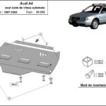 Installation diagram for steel automatic gearbox skid plate for Audi A4 B5 1995–2000 with mounting hardware