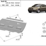 Installation diagram for steel manual gearbox skid plate for Audi A4 B5 1995–2000 with mounting hardware