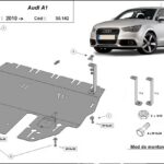 Installation diagram for steel underbody protection for Audi A1 2010–2017 with mounting hardware