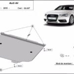 Installation diagram for steel underbody protection for Audi A4 B9 2015–2026 with mounting hardware