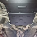Front underside view of Audi A4 B9 with installed steel underbody protection
