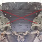 Front low-angle underside view of Audi A4 B9 with installed steel underbody protection