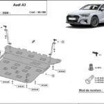 Installation diagram for steel underbody protection for Audi A3 2020–2026 with mounting hardware