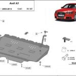 Installation diagram for steel underbody protection for Audi A3 2003–2012 with mounting hardware