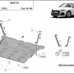 Installation diagram for steel underbody protection for Audi A1 2017–2026 with mounting hardware