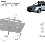 Installation diagram for steel manual gearbox skid plate for Audi A4 B5 1995–2000 with mounting hardware