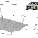 Installation diagram for aluminum underbody protection for Audi A3 2012–2020 with mounting hardware