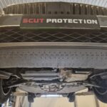 Front underside view of Audi A3 before aluminum underbody protection installation