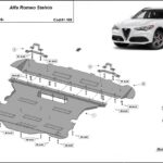 Installation diagram for steel underbody protection for Alfa Romeo Stelvio with mounting hardware