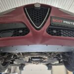 Front low-angle view of Alfa Romeo Stelvio with front steel protection installed