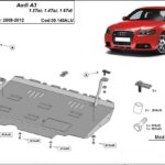 Installation diagram for aluminum underbody protection for Audi A3 2009–2012 with mounting hardware