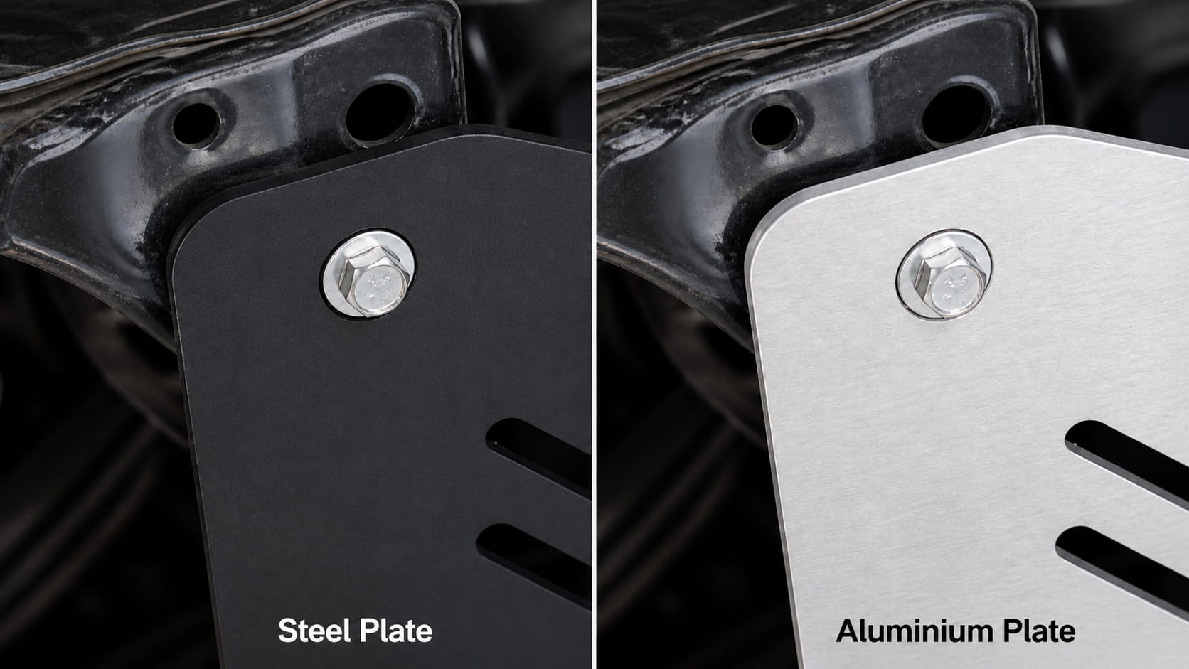 Side-by-side close-up of steel and aluminium skid plate mounting points showing the difference in material finish