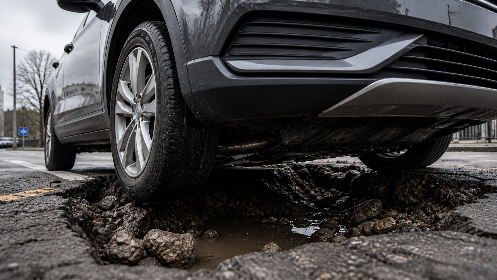 Car wheel dropping into a deep pothole, underbody and oil pan at risk of impact