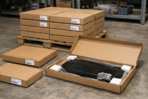 Finished steel underbody protection skid plate packed in a flat cardboard box ready for shipping