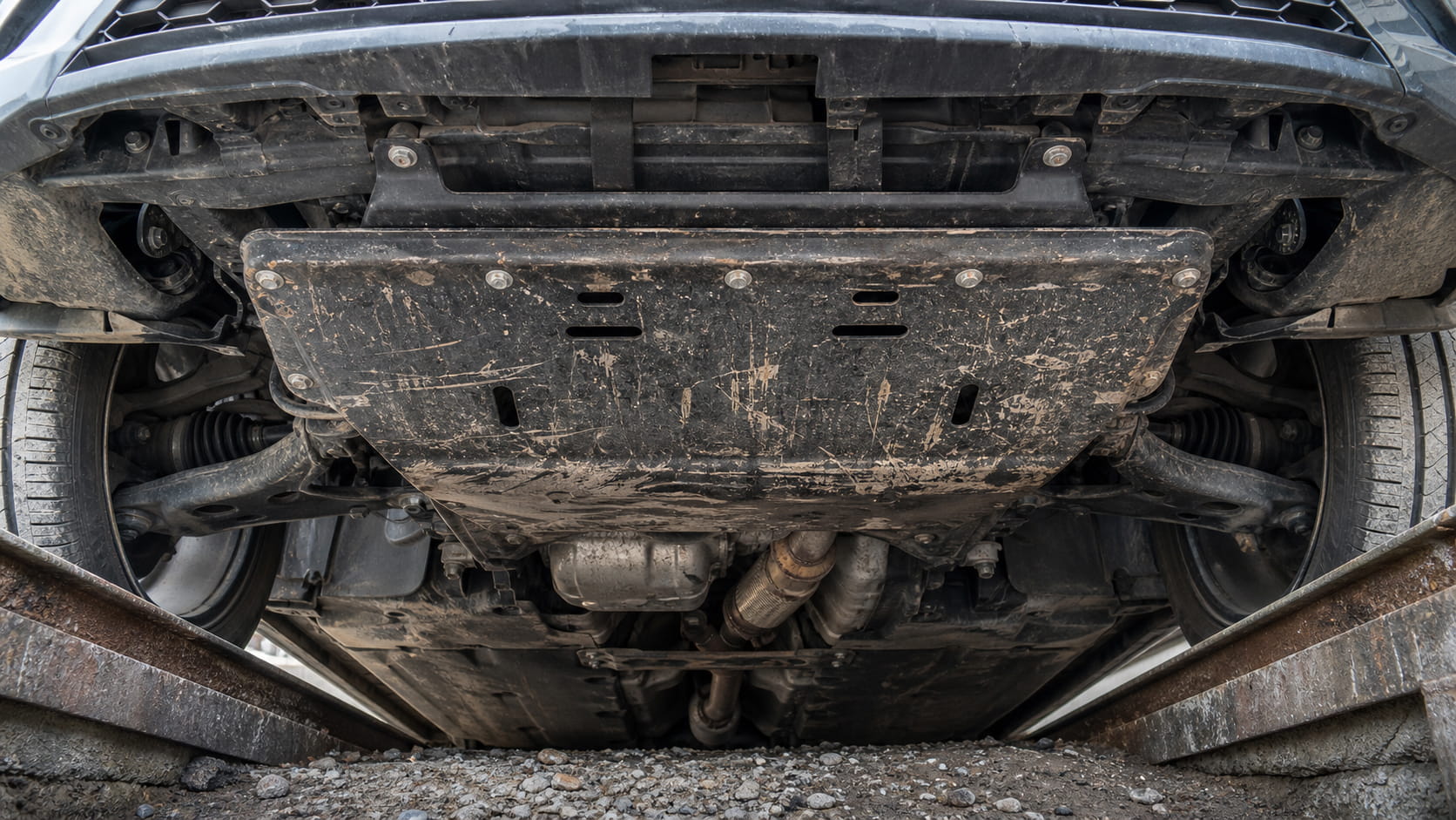 Scratched metal engine skid plate with dents from rocks and speed bumps protecting the underbody