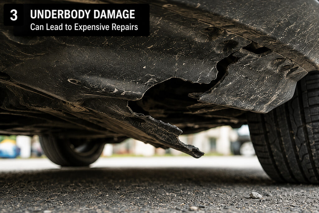 Damaged car underbody cover showing risk of costly repairs
