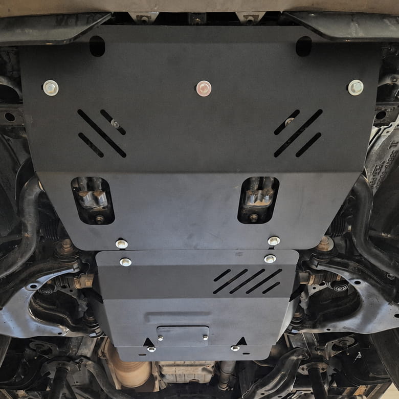 Metal skid plate installed under a car for underbody protection-