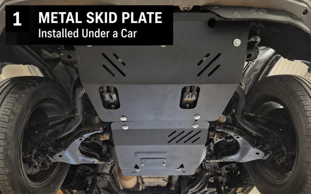 Metal skid plate installed under a car for underbody protection