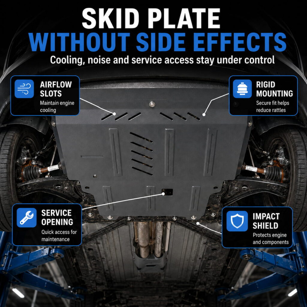 Skid plate installed under a vehicle with airflow slots, rigid mounting and service access