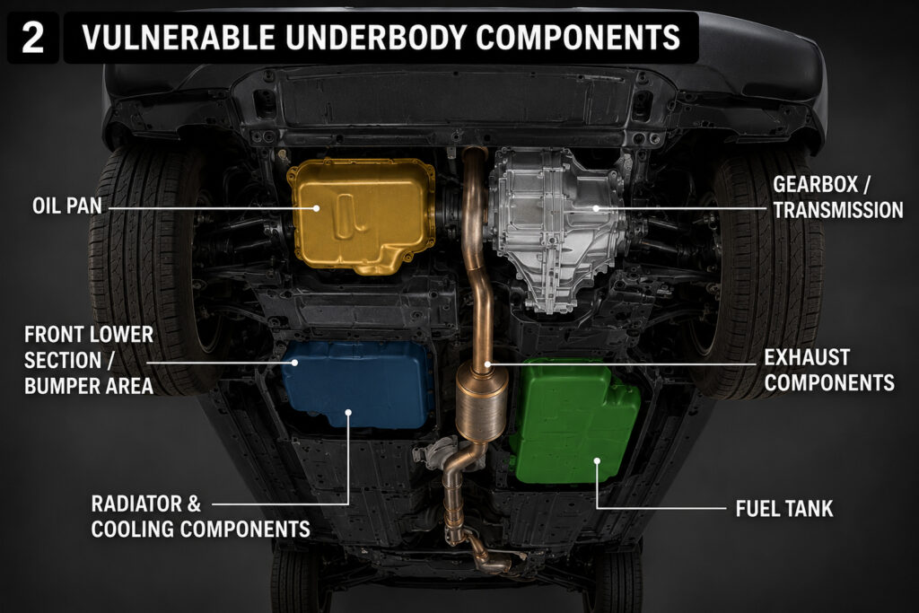 Vulnerable underbody components including oil pan gearbox radiator and fuel tank