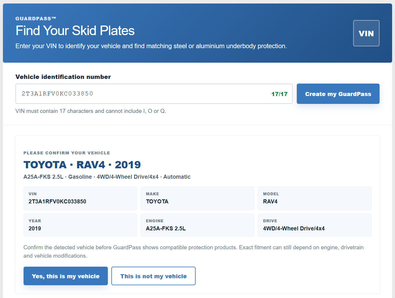 Vehicle details identified by GuardPass from VIN