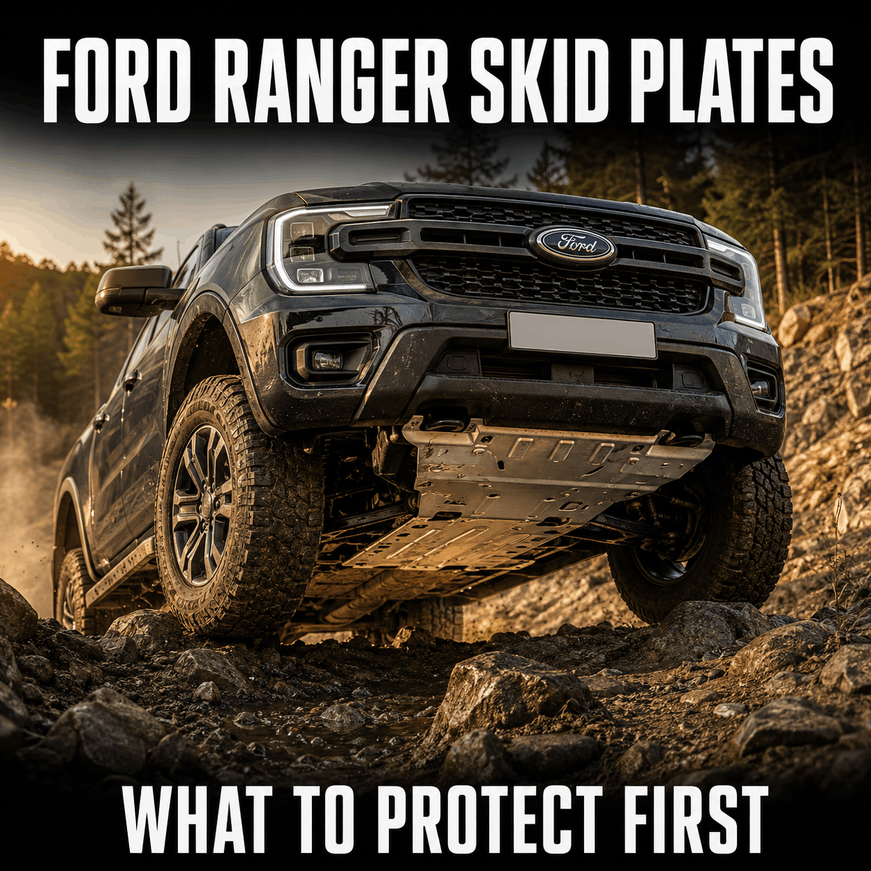 Ford Ranger skid plates and underbody protection on rocky terrain