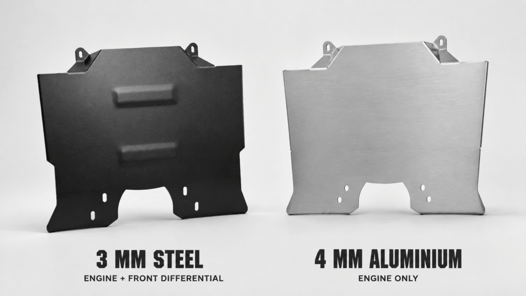 Toyota Land Cruiser 250 steel and aluminium front skid plate coverage comparison