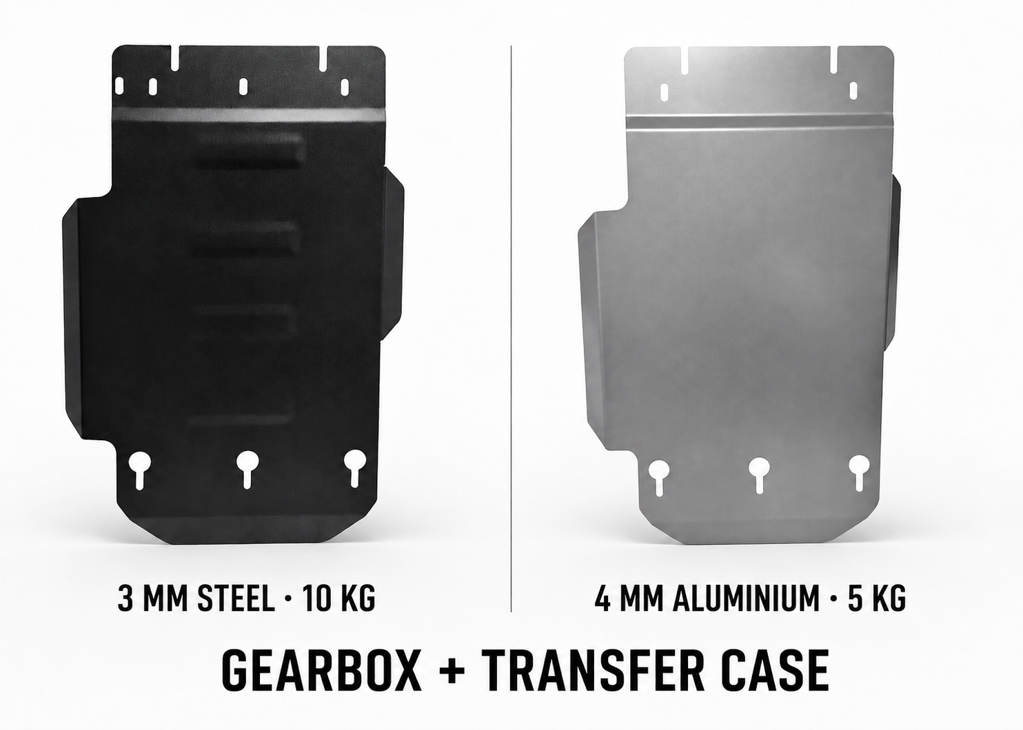 LC250 gearbox and transfer case skid plates: 3 mm steel weighing 10 kg and 4 mm aluminium weighing 5 kg