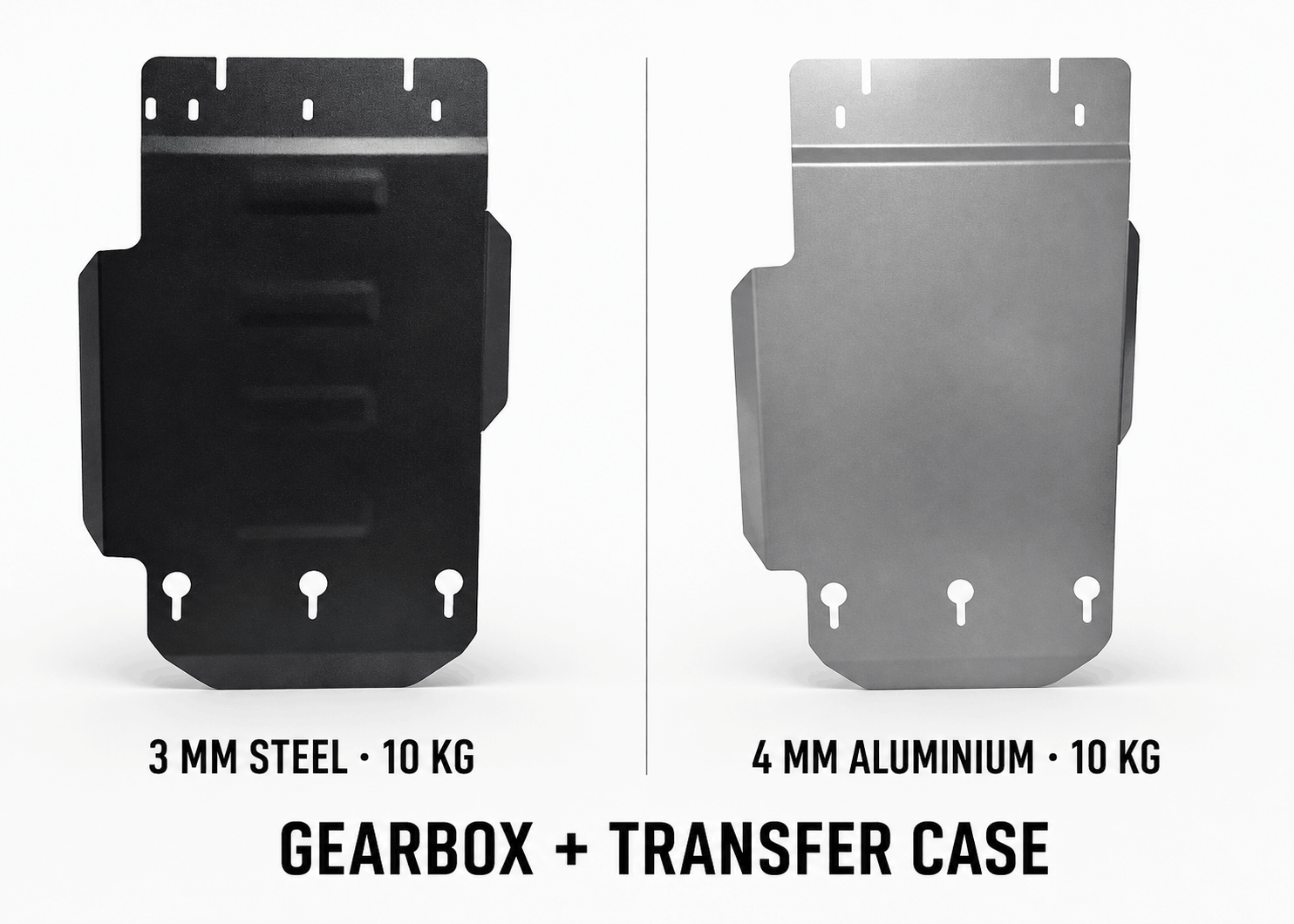 LC250 gearbox and transfer case skid plates in 3 mm steel and 4 mm aluminium, both weighing 10 kg