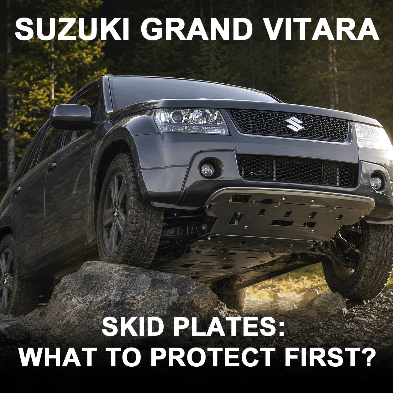 Suzuki Grand Vitara with steel skid plates on a rocky off-road trail