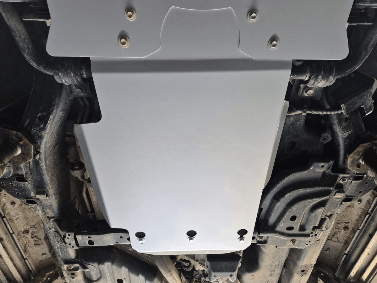 Toyota Land Cruiser 250 aluminium gearbox and transfer case skid plate installed under the vehicle