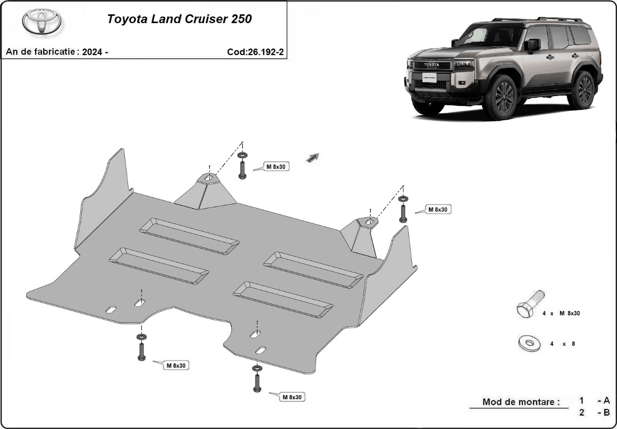 Toyota Land Cruiser 250 engine and front differential skid plate mounting diagram