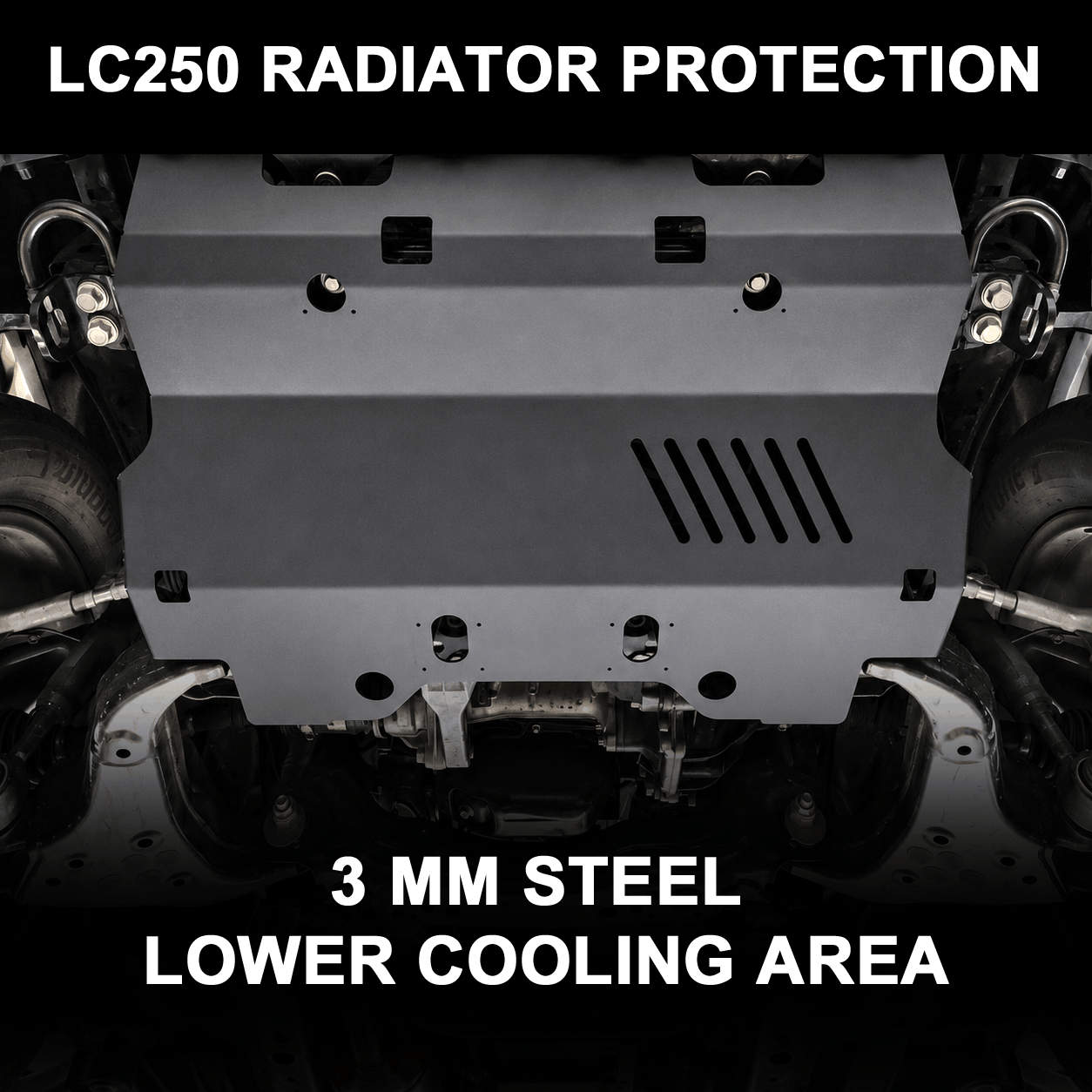 Toyota Land Cruiser 250 radiator skid plate installed beneath the front cooling area