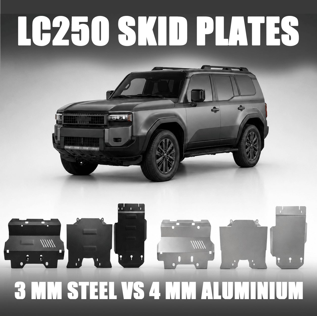 Toyota Land Cruiser 250 with 3 mm steel and 4 mm aluminium skid plate sets
