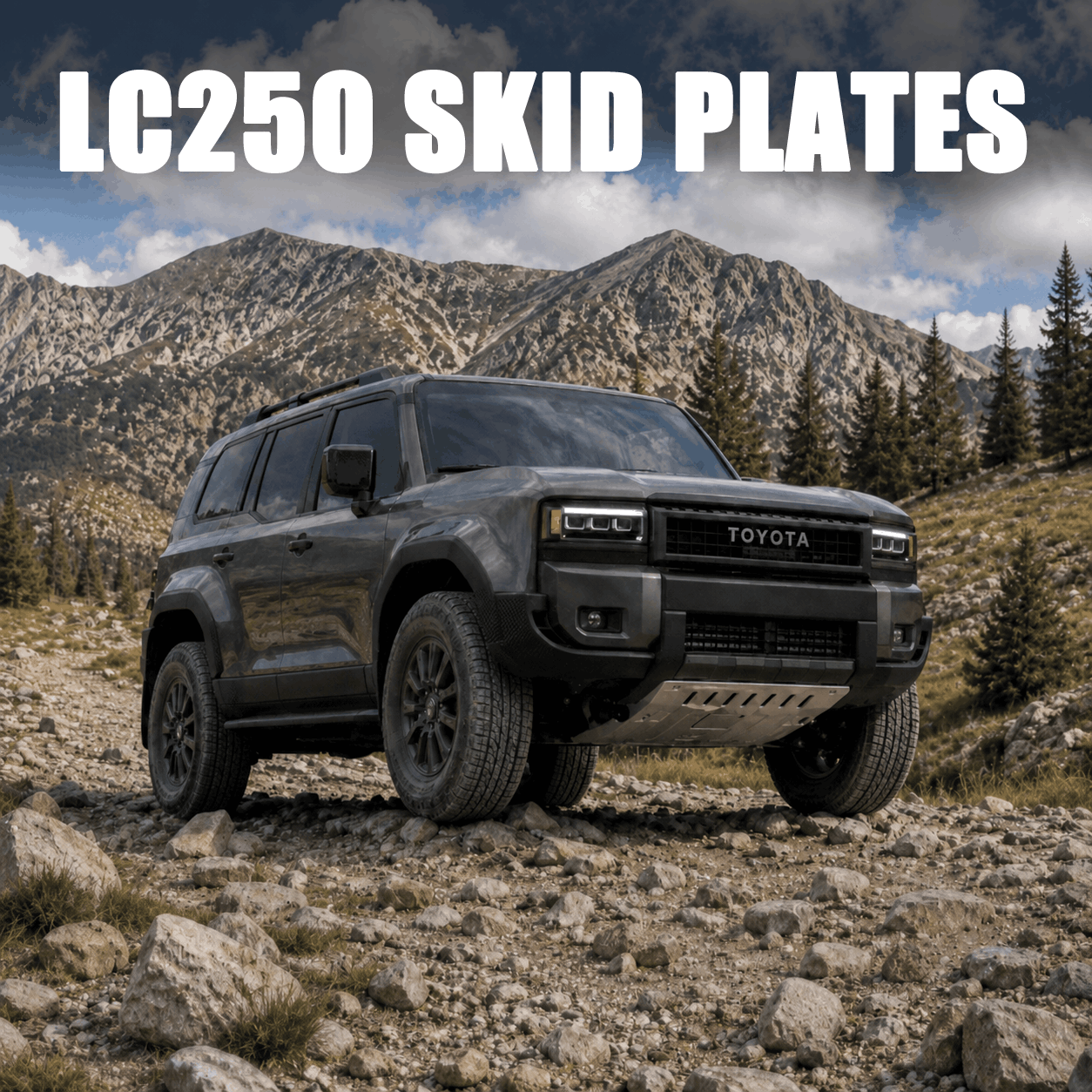 Toyota Land Cruiser 250 with front skid plate on a rocky mountain trail