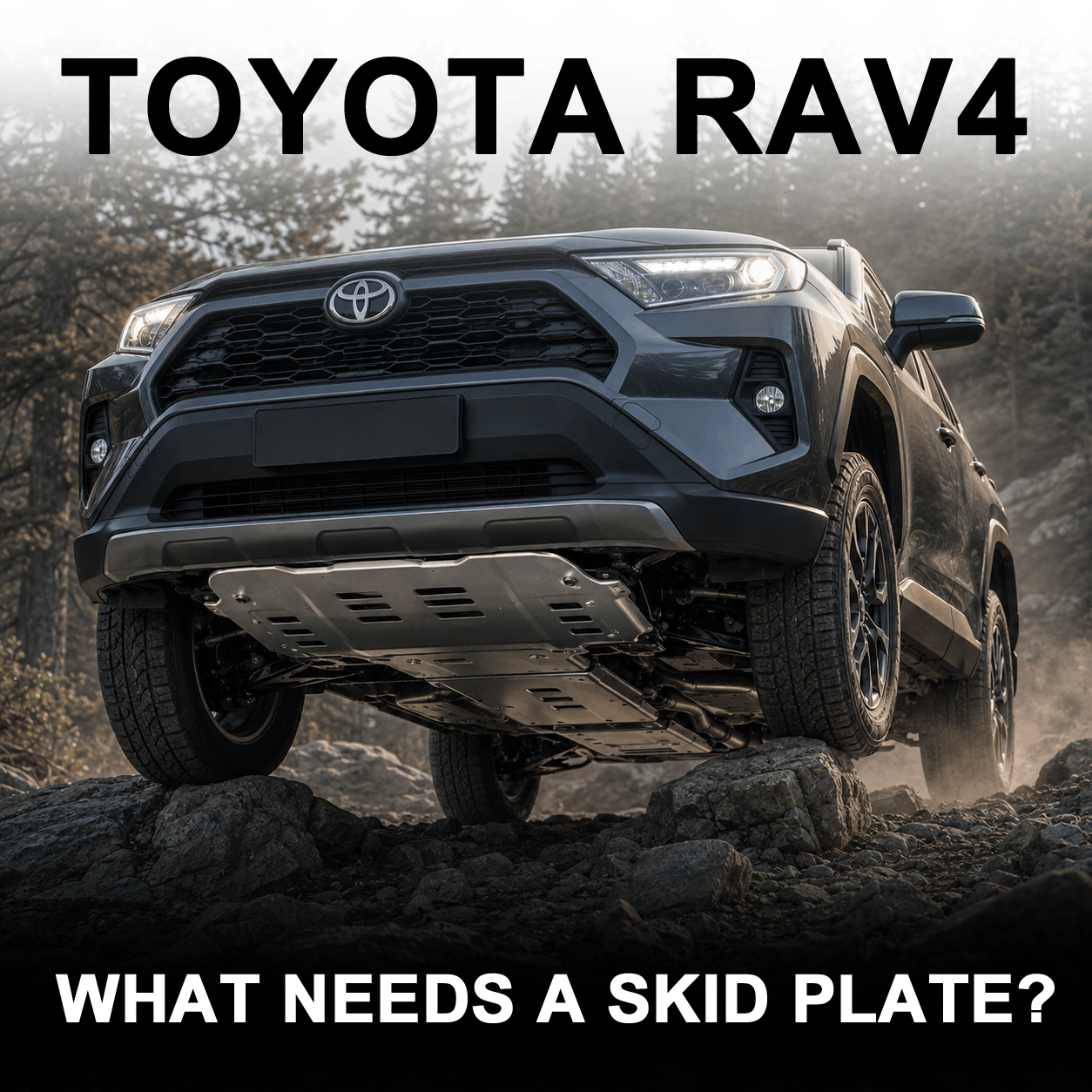 Toyota RAV4 with metal underbody skid plate on a rocky road